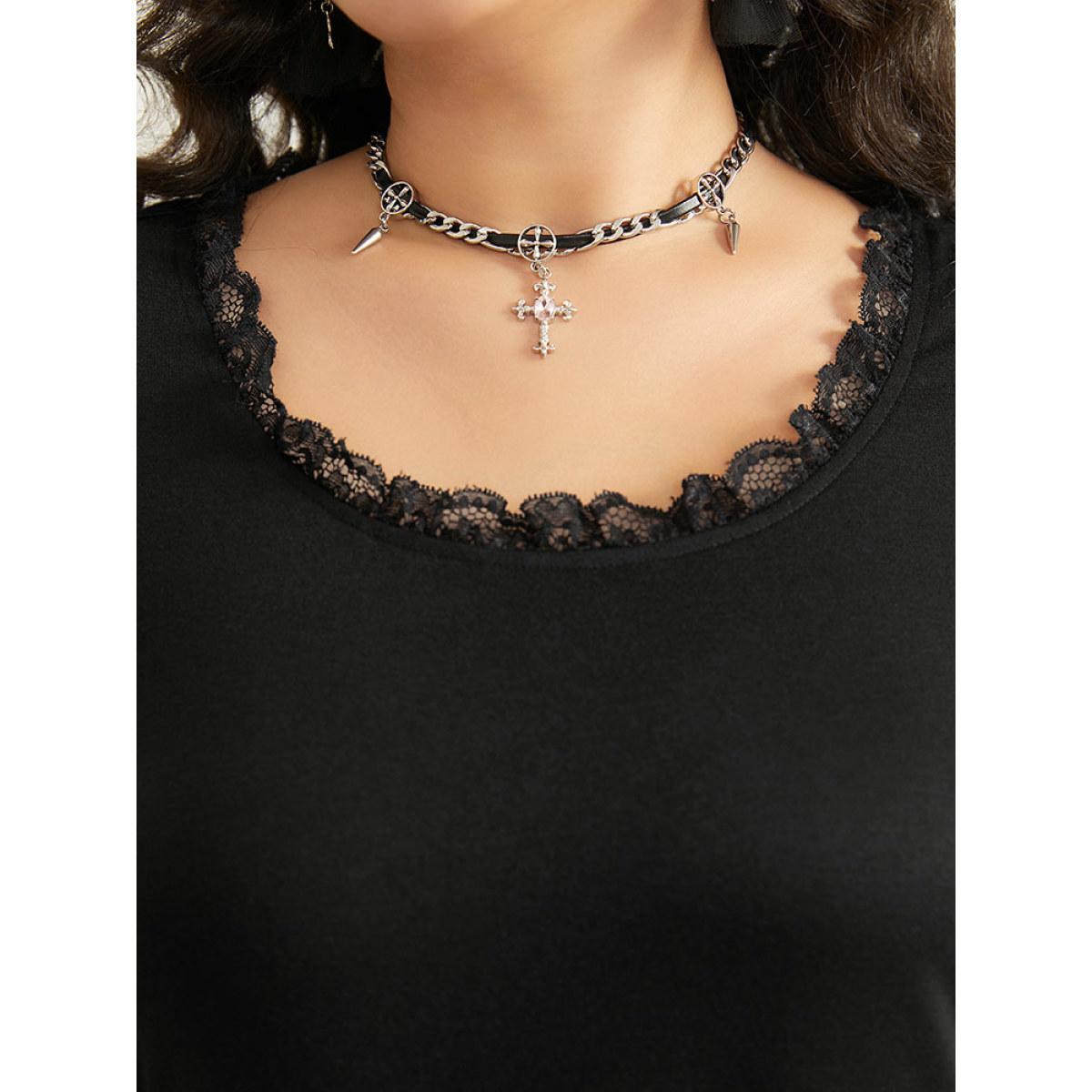 Plus Size Halloween Crochet Lace Round Neck Bell Sleeve Dress Black Women Casual Plain Round Neck Long Sleeve Curvy Knee Dress BloomChic 22-24/3X Product Image