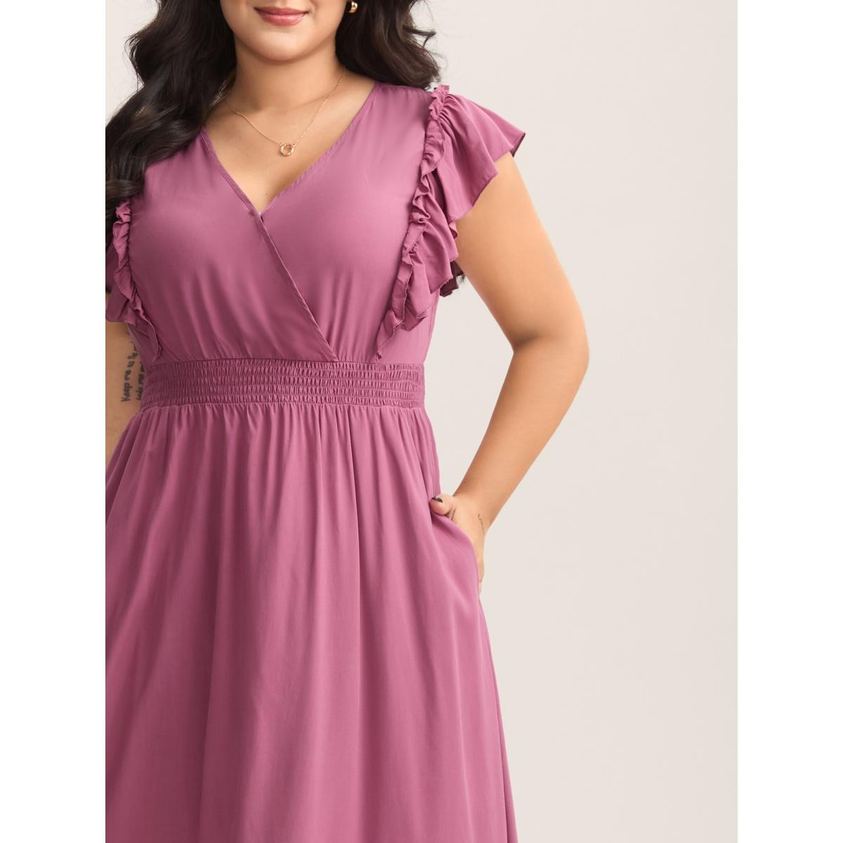 Plus Size Rayon Ruffled Shirred Waist Solid Midi Dress Peach Women Overlap Collar Cap Sleeve Curvy BloomChic 26/4X Product Image