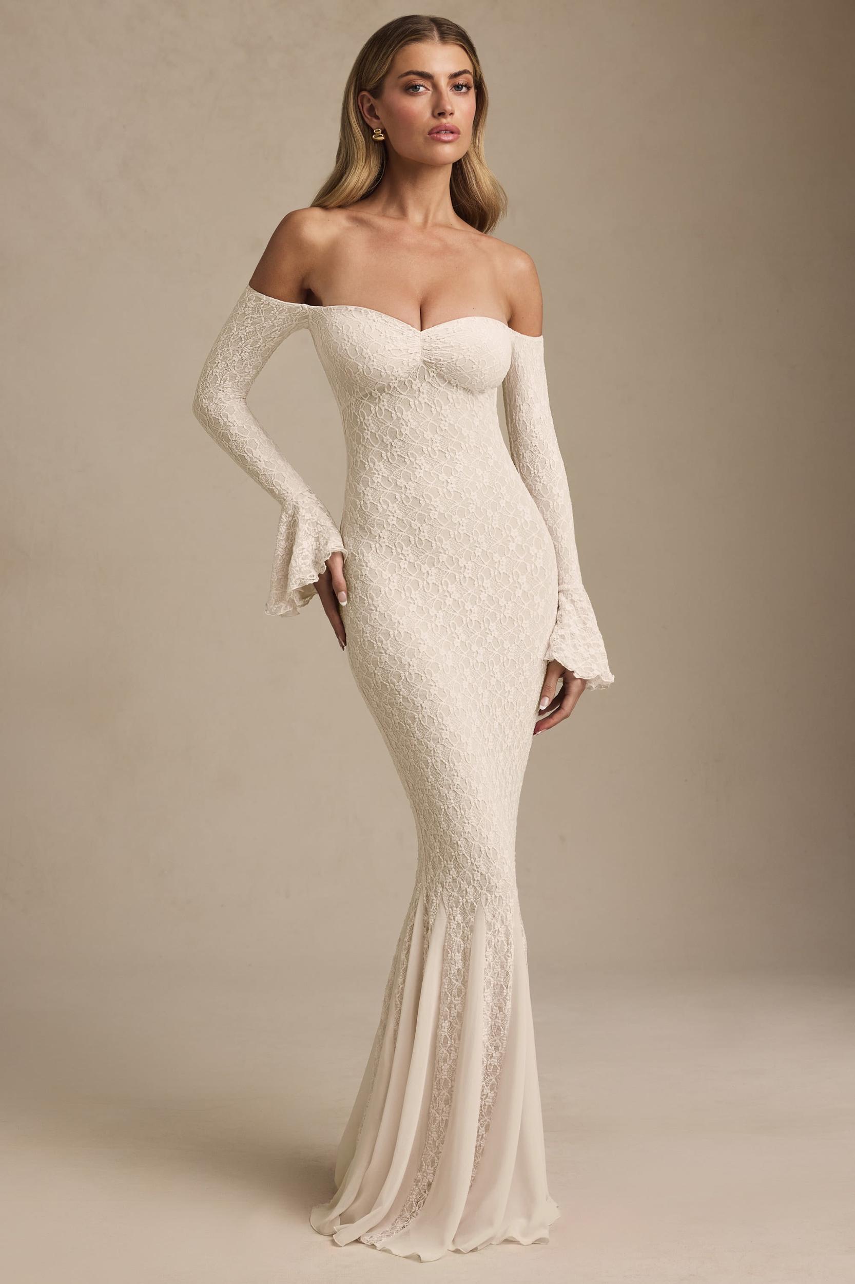 Off-Shoulder Ruffle Lace Maxi Dress in Ivory Product Image