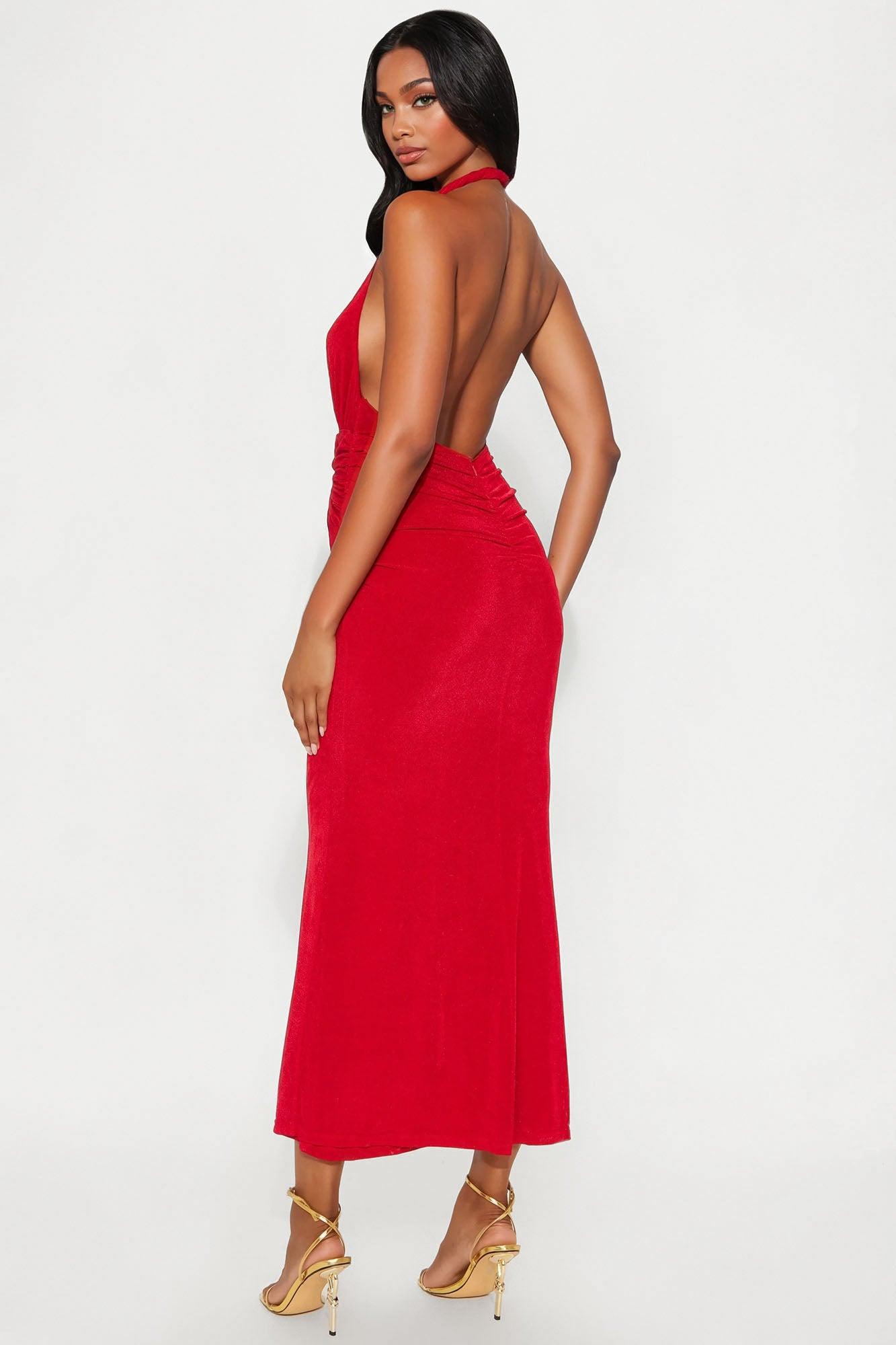 Celine Slinky Backless Halter Maxi Dress - Red Product Image