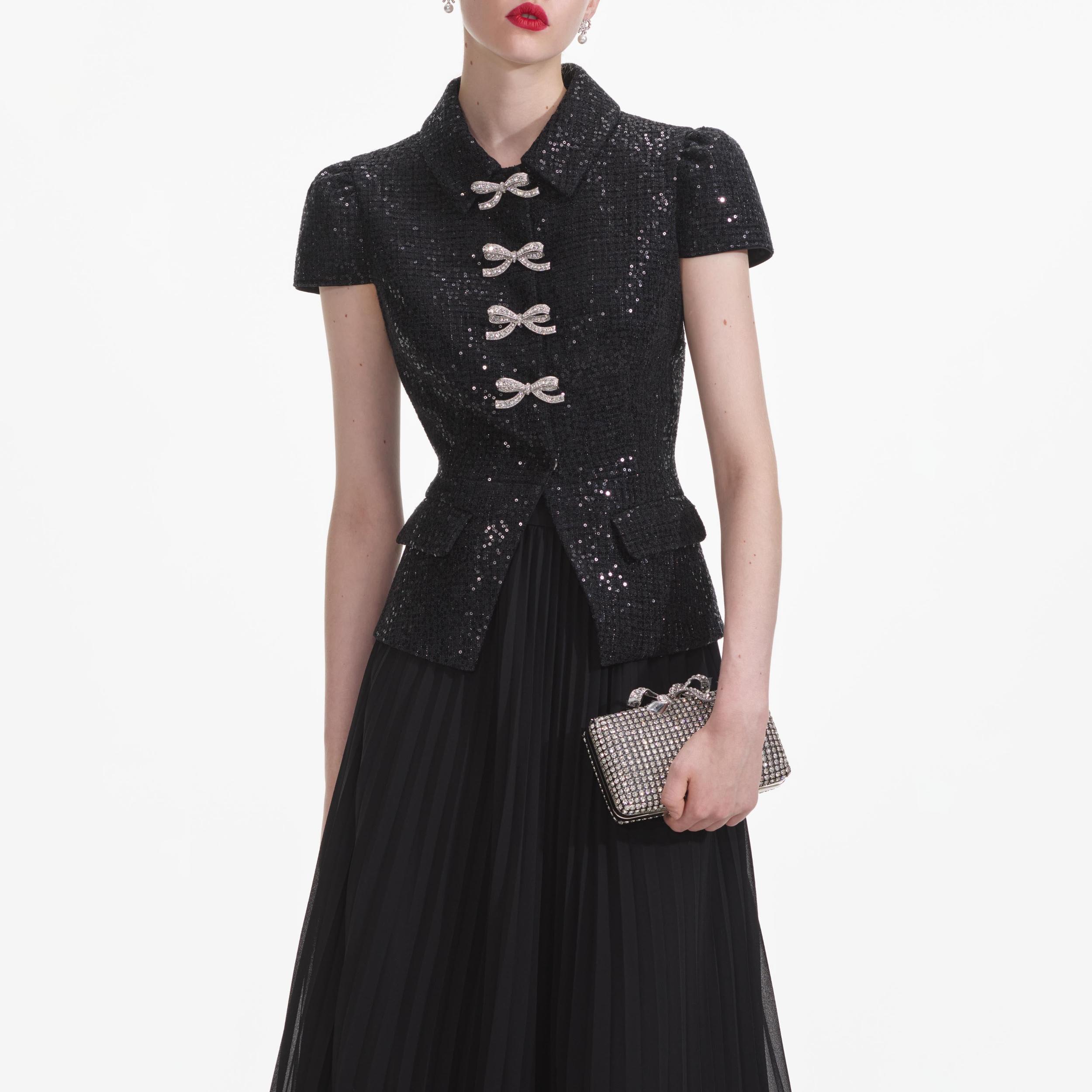 Black Boucle Bow Midi Dress Product Image