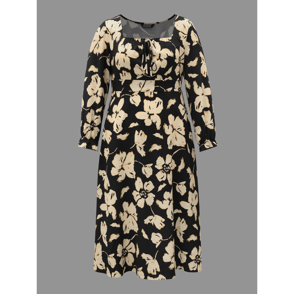 Plus Size Square Neck Silhouette Flower Ruffled Dress Black Women Resort Tie knot Square Neck Long Sleeve Curvy BloomChic 18-20/2X Product Image