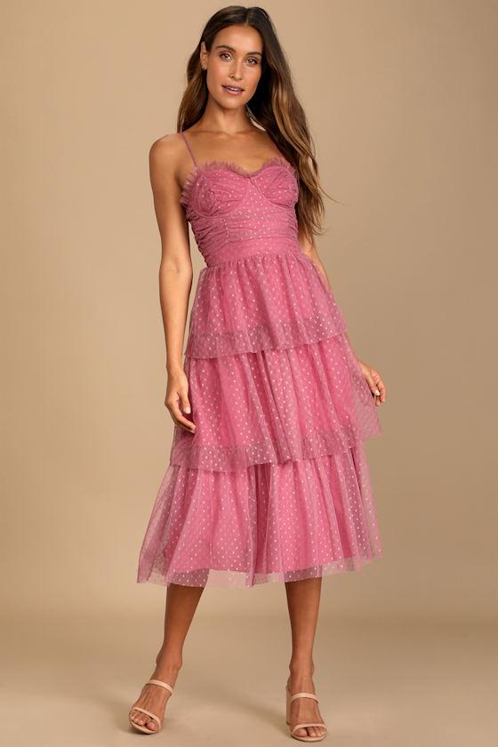 Sweetheart Style Mauve Polka Dot Bustier Tiered Midi Dress Product Image