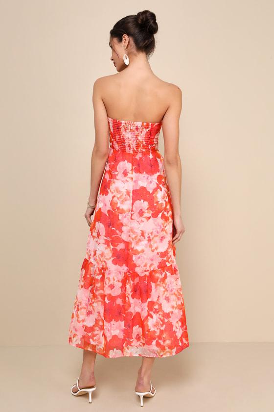 Bright Perspective Orange and Pink Floral Strapless Midi Dress Product Image