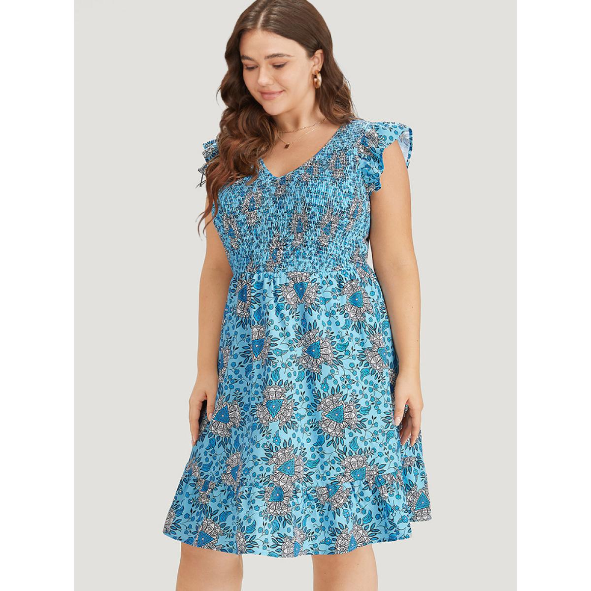 Plus Size Floral Print Shirred Ruffle Cap Sleeve Layered Hem Dress Cerulean Women Elegant Shirred V-neck Cap Sleeve Curvy Knee Dress BloomChic 26/4X Product Image
