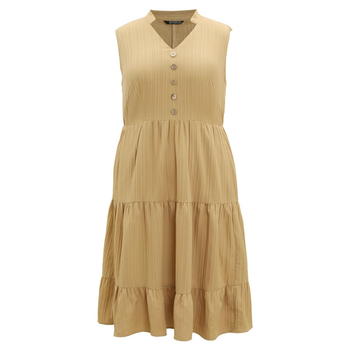 Plus Size Textured Button Detail Ruffle Layered Hem Sleeveless Dress LightBrown Women Elegant Button Stand-up collar Sleeveless Curvy Midi Dress BloomChic 14-16/1X Product Image