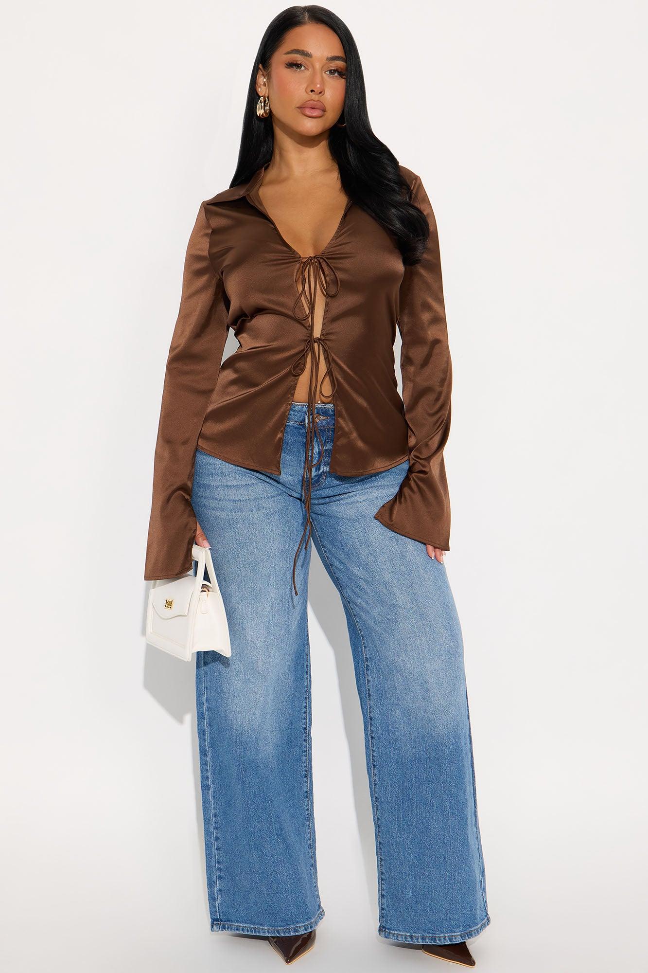 Satin Effect Tie Front Flyaway Top - Chocolate Female Product Image