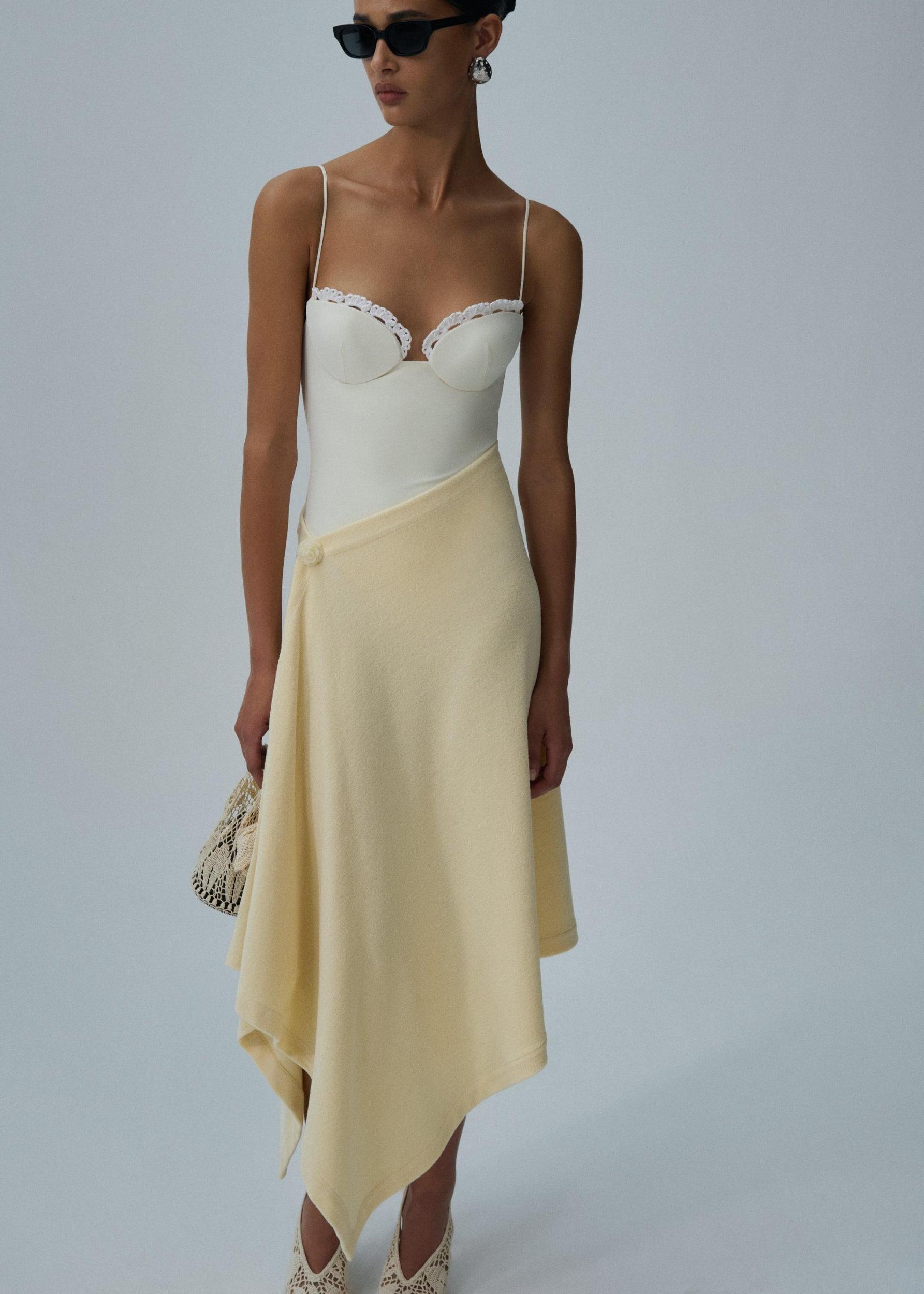 Crochet-trim bustier swimsuit in cream Product Image