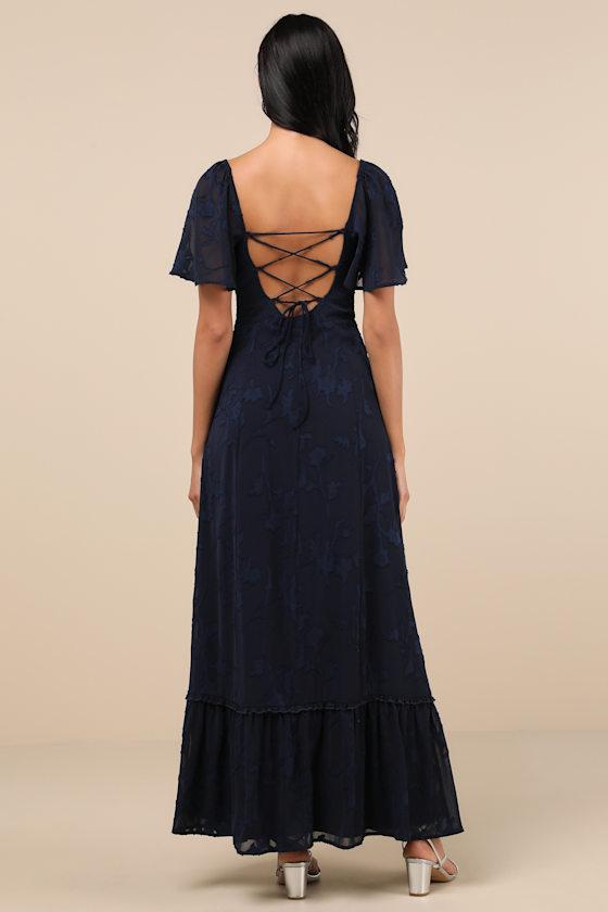 Tailor Made For You Dark Navy Jacquard Lace-Up Maxi Dress Product Image
