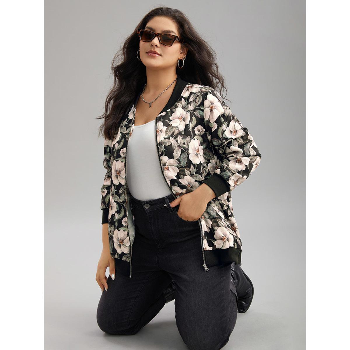Plus Size Floral Print Patchwork Zipper Jacket Women BlackFlower Elastic cuffs Pocket Everyday Jackets BloomChic 14-16/1X Product Image