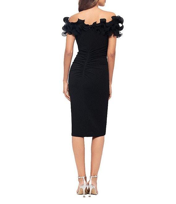 Xscape Scuba Crepe V-Neck Sleeveless Wire Ruffle Trim Ruched Back Dress Product Image