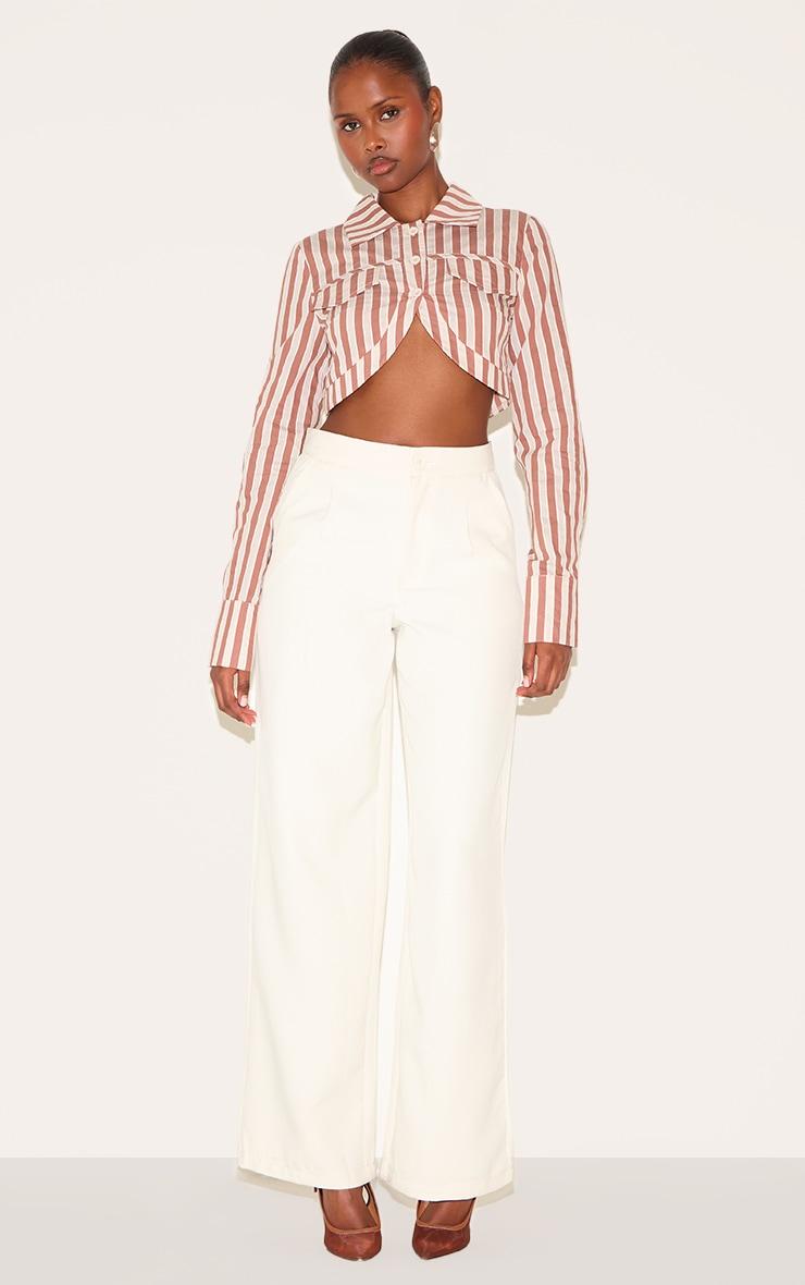 Brown Striped Curved Hem Cropped Shirt Product Image