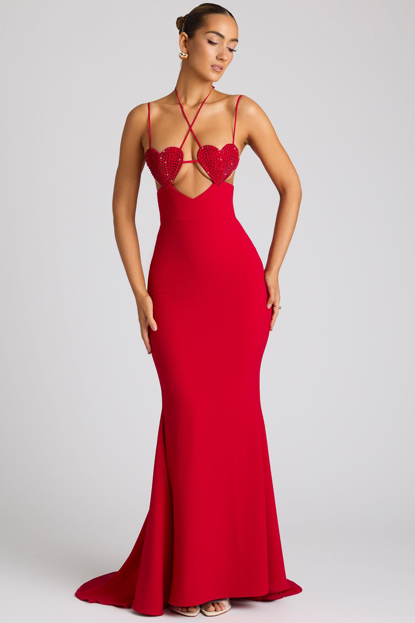 Embellished Heart Cup Detail Evening Gown in Fire Red Product Image