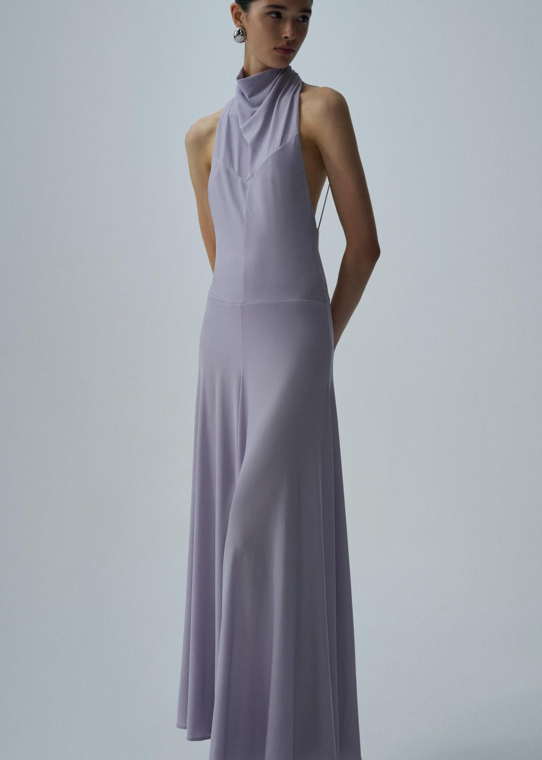 High neck cupro midi dress in purple Product Image