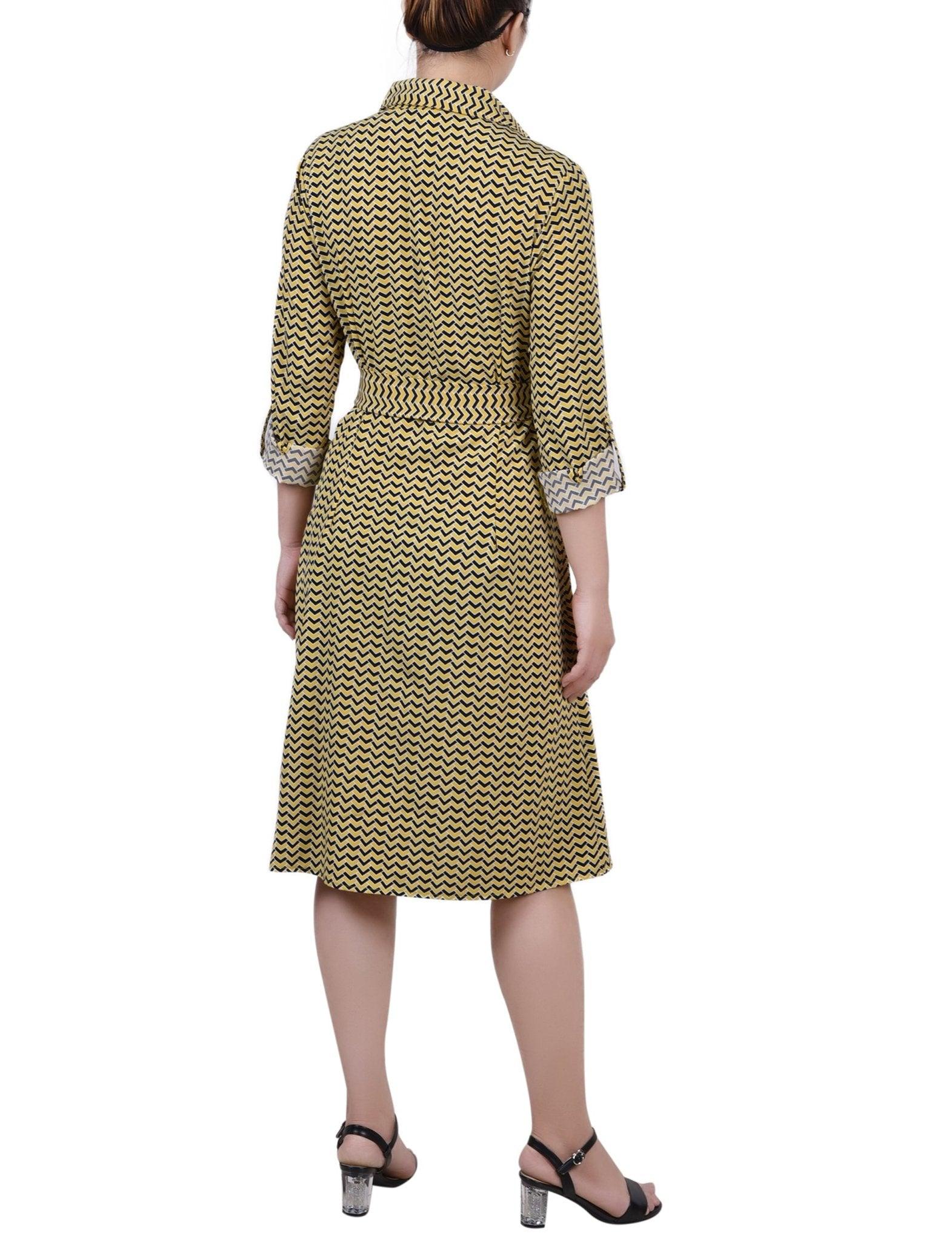 Cypress Inca Gold Navy Zigzag 3/4 Roll Tab Sleeve Belted Shirtdress - Petite Product Image
