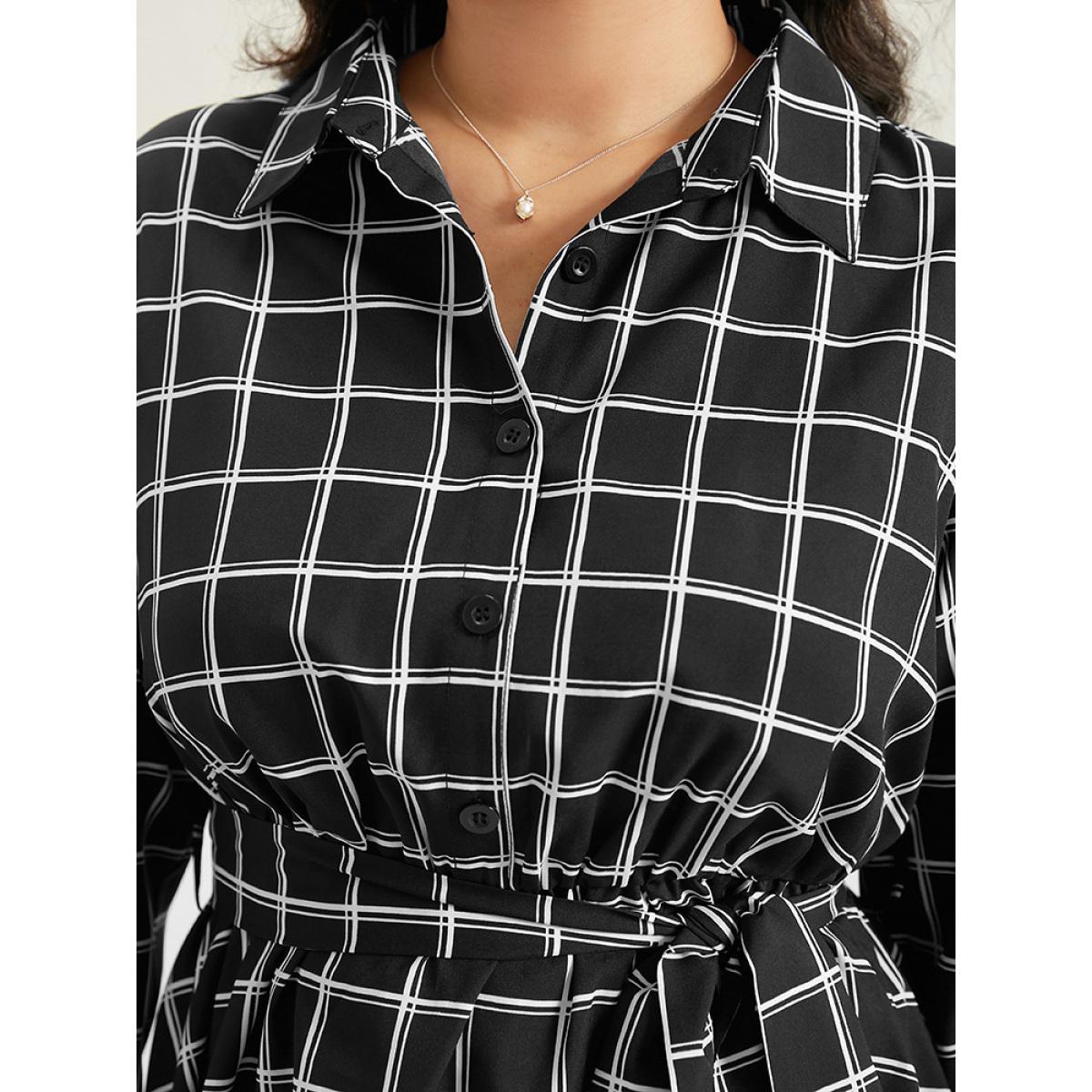 Plus Size Black Plaid Button Up Belted High Low Hem Blouse Women Office Long Sleeve Shirt collar Office Blouses BloomChic 22-24/3X Product Image