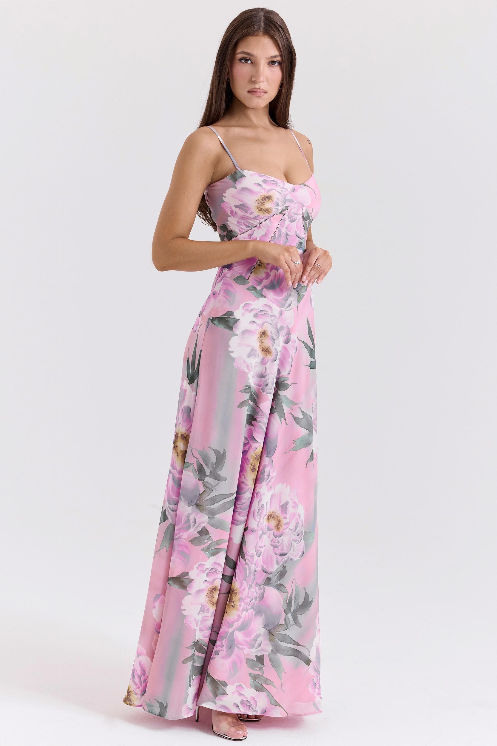 Seren  pink floral print lace back maxi dress - sale Product Image