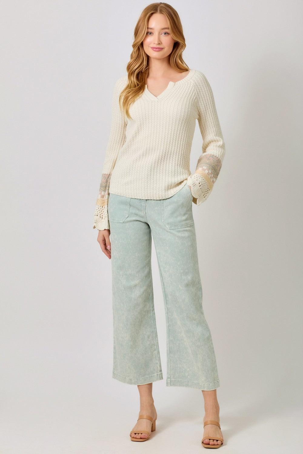 Mixed Sleeve Henley Sweater Product Image