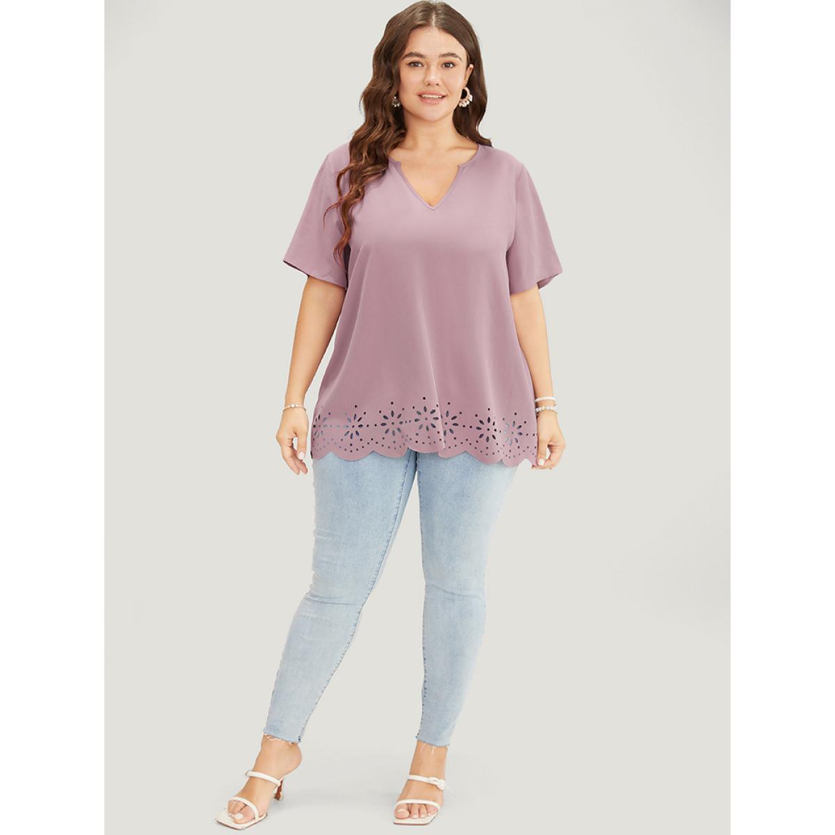 Plus Size Mauve Plain Laser Cut Notched Scalloped Hem Blouse Women Elegant Short sleeve Notched collar Dailywear Blouses BloomChic 10/M Product Image