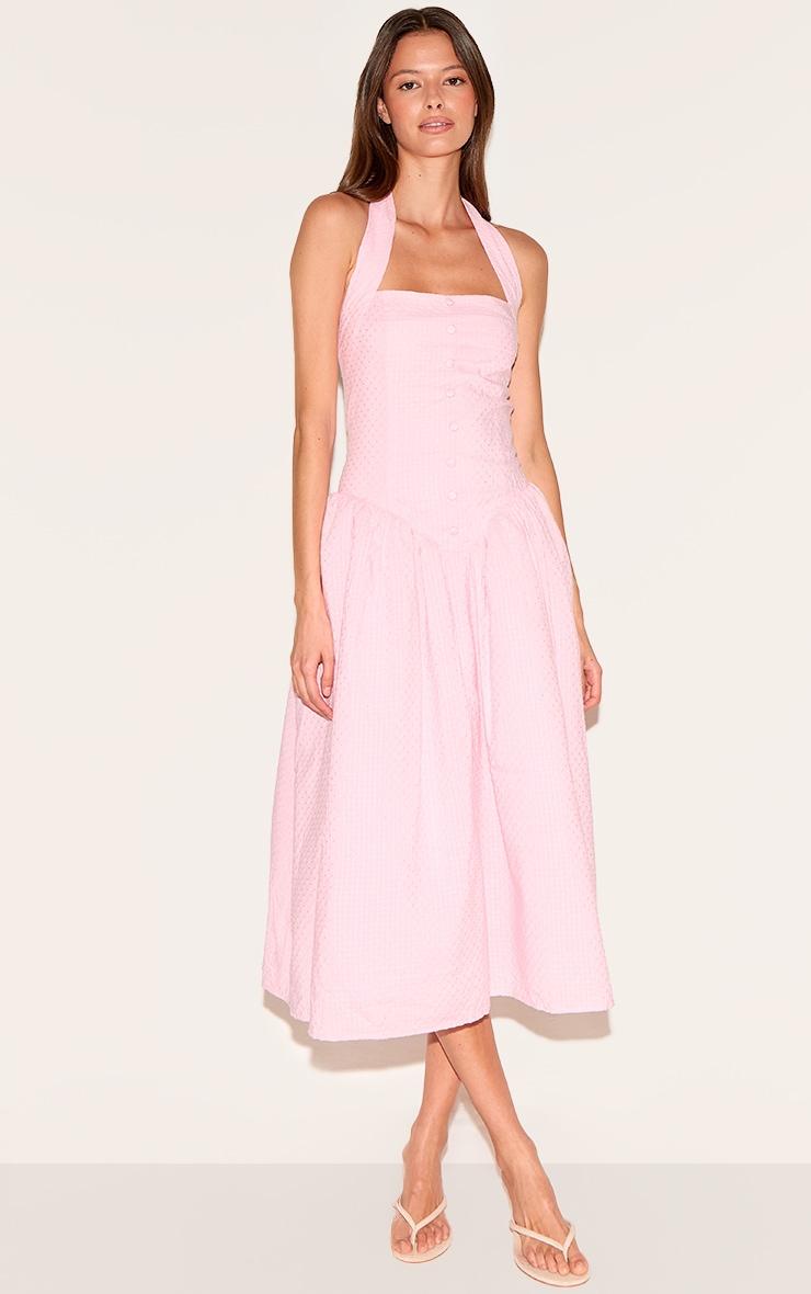 Candy Pink Embroidered Cotton Halterneck Midaxi Dress Product Image