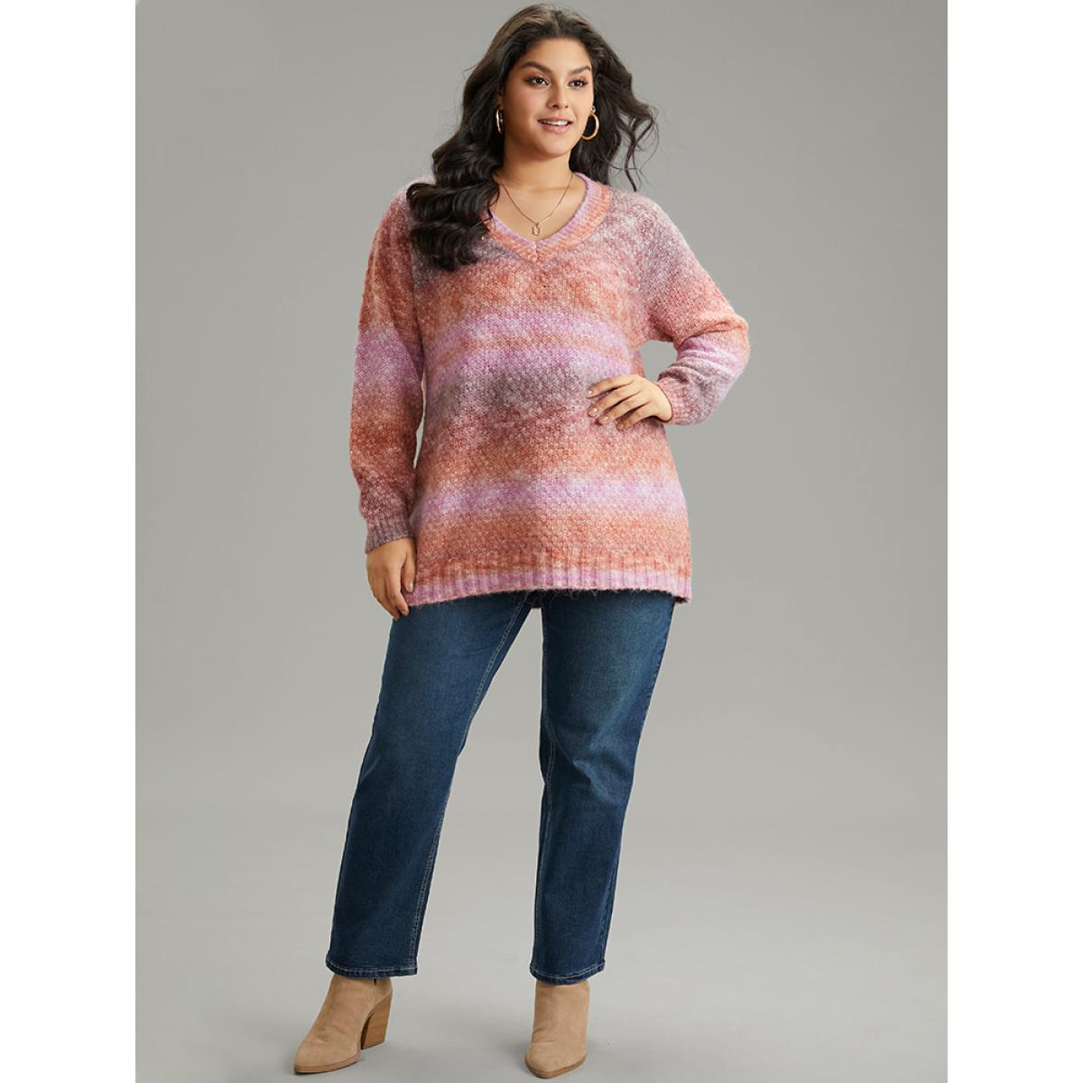 Plus Size Ombre Heather V Neck Pullover Multicolor Women Casual Loose Long Sleeve V-neck Dailywear Pullovers BloomChic 30/6X Product Image