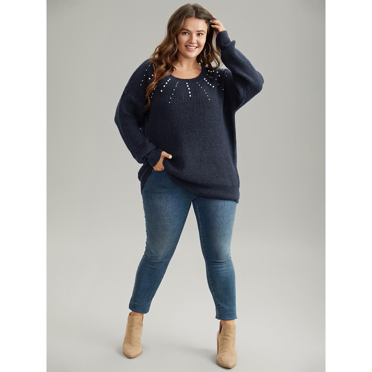 Plus Size Beaded Round Neck Elastic Cuffs Pullover Midnight Women Casual Loose Long Sleeve Round Neck Dailywear Pullovers BloomChic 12/L Product Image