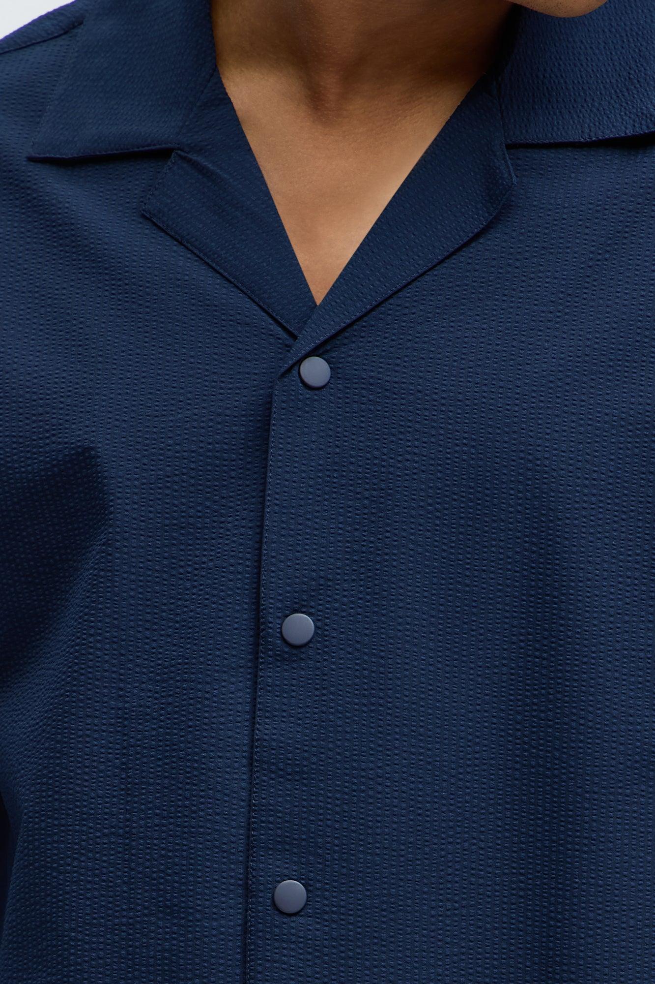 Seersucker Short Sleeve Cuban Collar Shirt - Navy Product Image