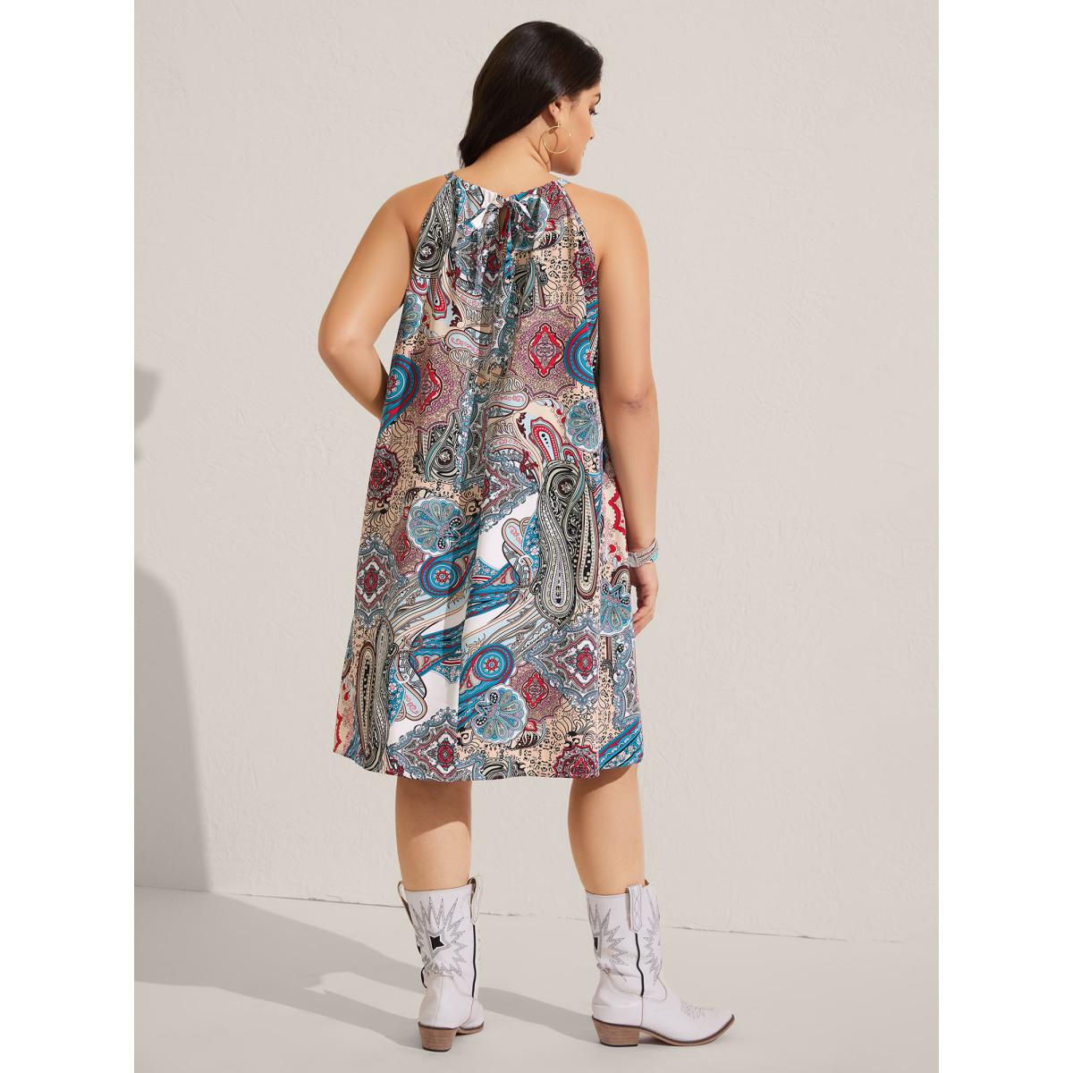 Plus Size Paisley Print Flowy A-Line Midi Dress Multicolor Women Boho Round Neck Sleeveless Curvy BloomChic 18-20/2X Product Image