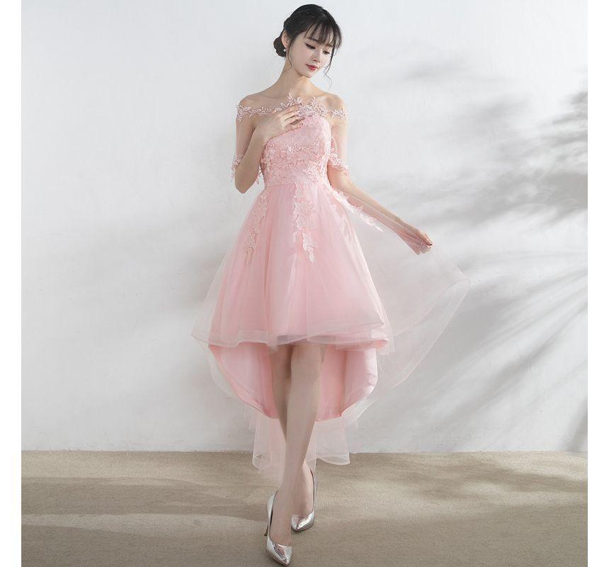 Short-Sleeve Lace Trim High Low Cocktail Dress Product Image