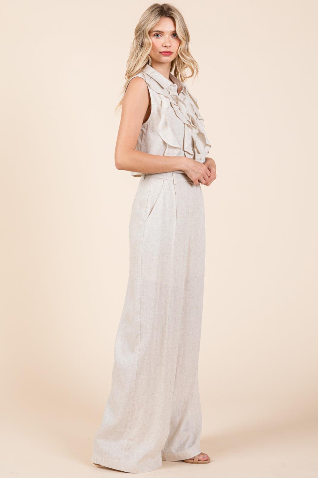 Two Piece Linen Ruffled Top And Wide Leg Pants Set Product Image