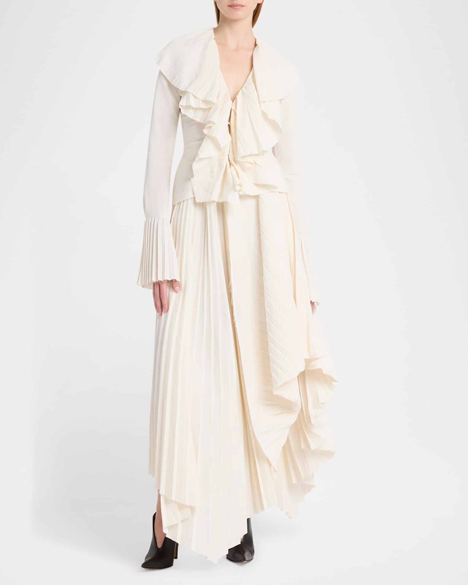 Long-Sleeve V-Neck Pleated Ruffle Blouse Product Image