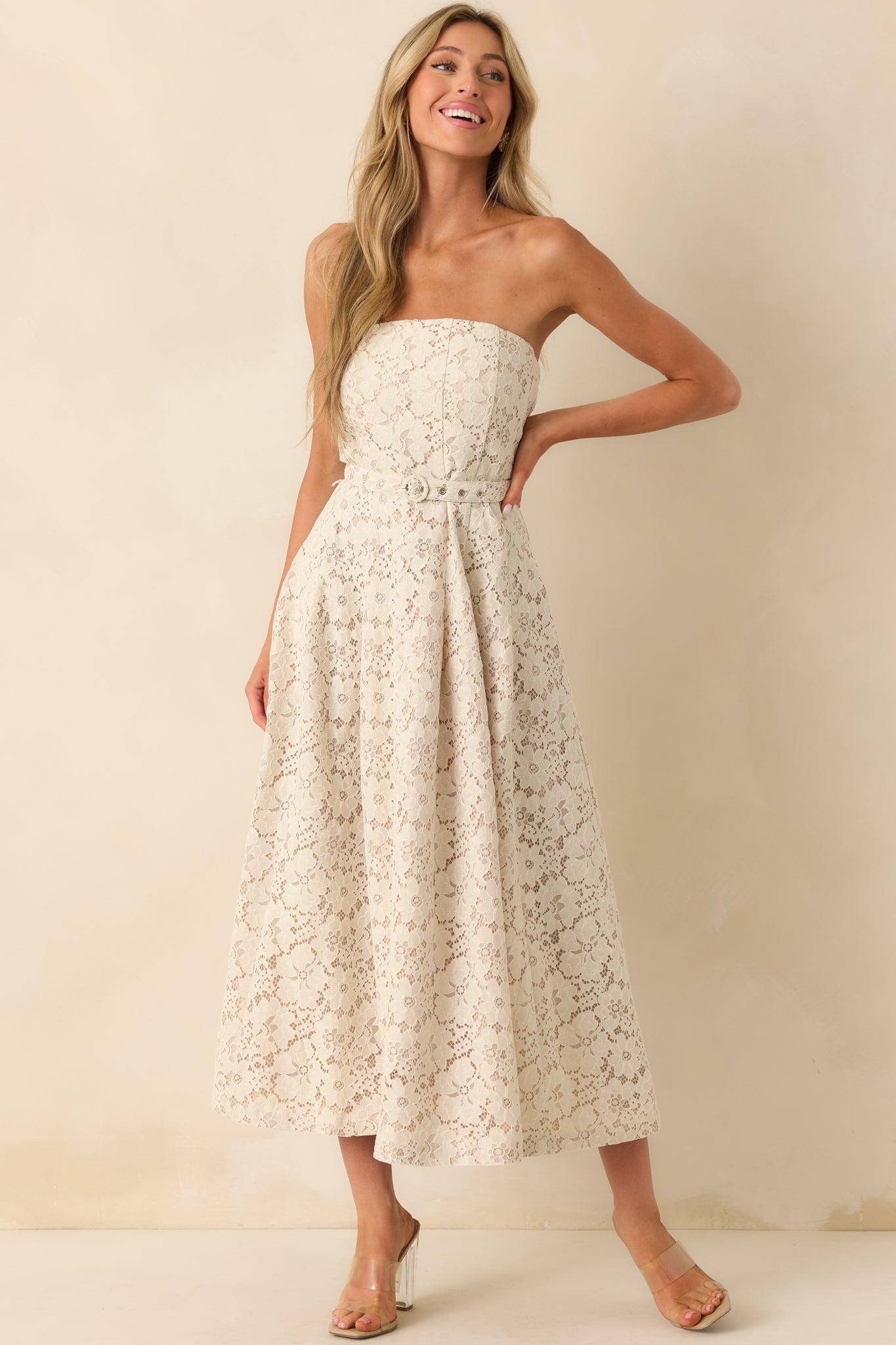 Still The One For You Ivory Cotton Lace Strapless Midi Dress Product Image