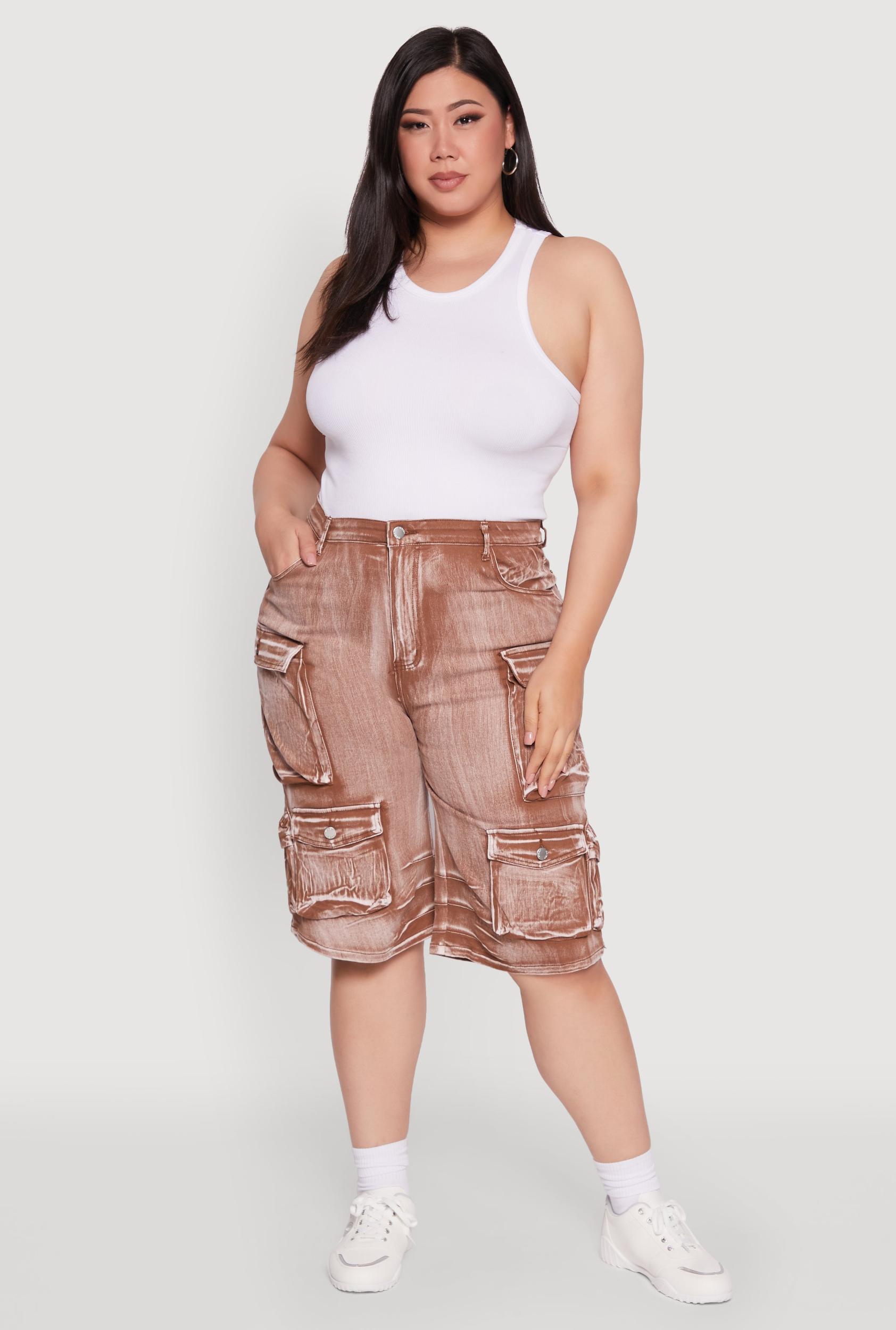 Womens Plus Size Daisy High Waisted Acid Wash Cargo Denim Shorts Product Image