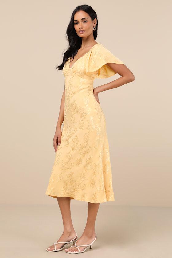 Effervescent Afternoon Yellow Satin Flutter Sleeve Midi Dress Product Image