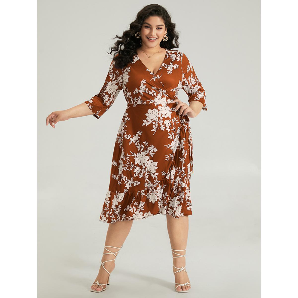 Plus Size Silhouette Floral Print Ties Wrap Dress Rust Women Elegant Cross straps V-neck Elbow-length sleeve Curvy Midi Dress BloomChic 12/L Product Image
