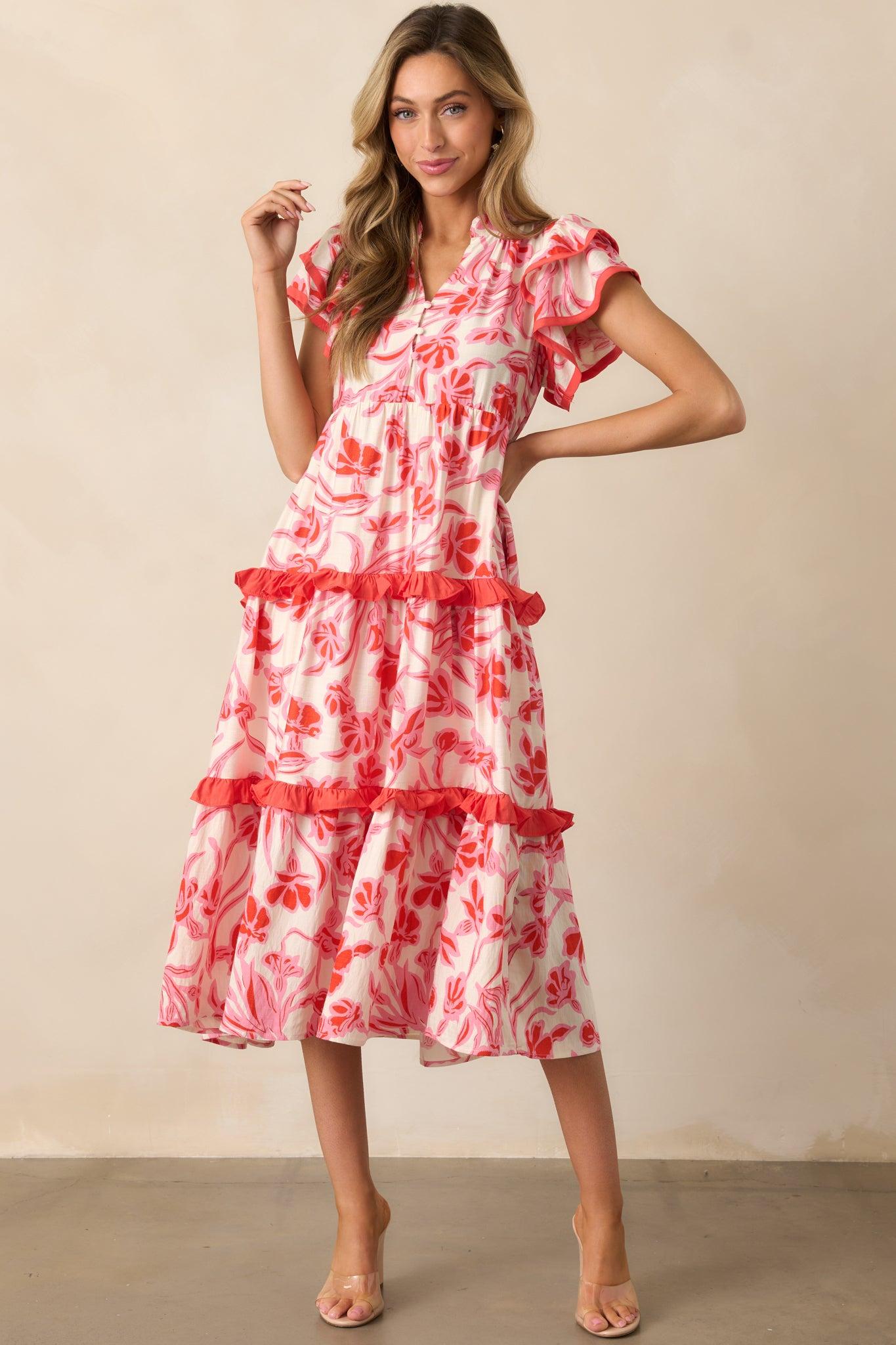 Just Right Pink Floral Flutter Sleeve Midi Dress Product Image