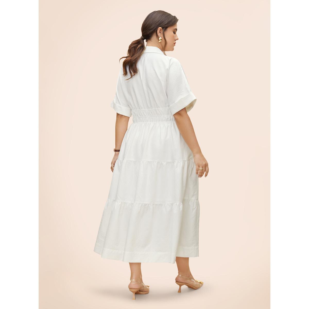 Plus Size Midfield Tiered Midi Shirt Dress Originalwhite Women At the Office Gathered Shirt collar Short sleeve Curvy BloomChic 30/6X Product Image