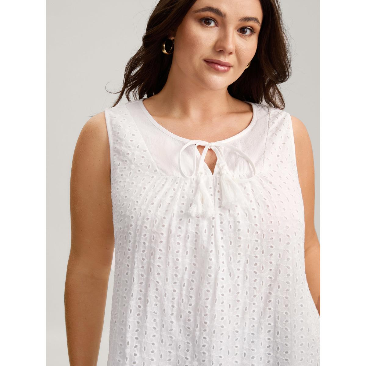 Plus Size Cotton Eyelet Embroidered Tank Top Women Originalwhite Tie knot V-neck Elegant Tank Tops Camis BloomChic 12/L Product Image
