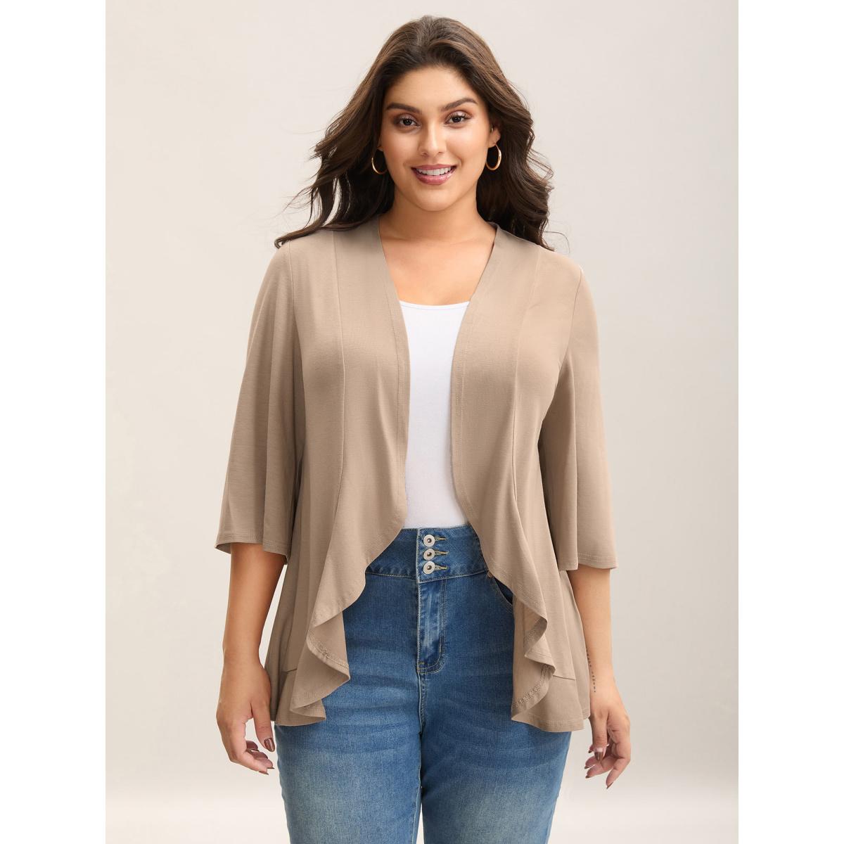 Plus Size Lotus Hem Curvy Kimono Cover-Up Women Tan Leisure Ruffles Casual Kimonos BloomChic 12/L Product Image