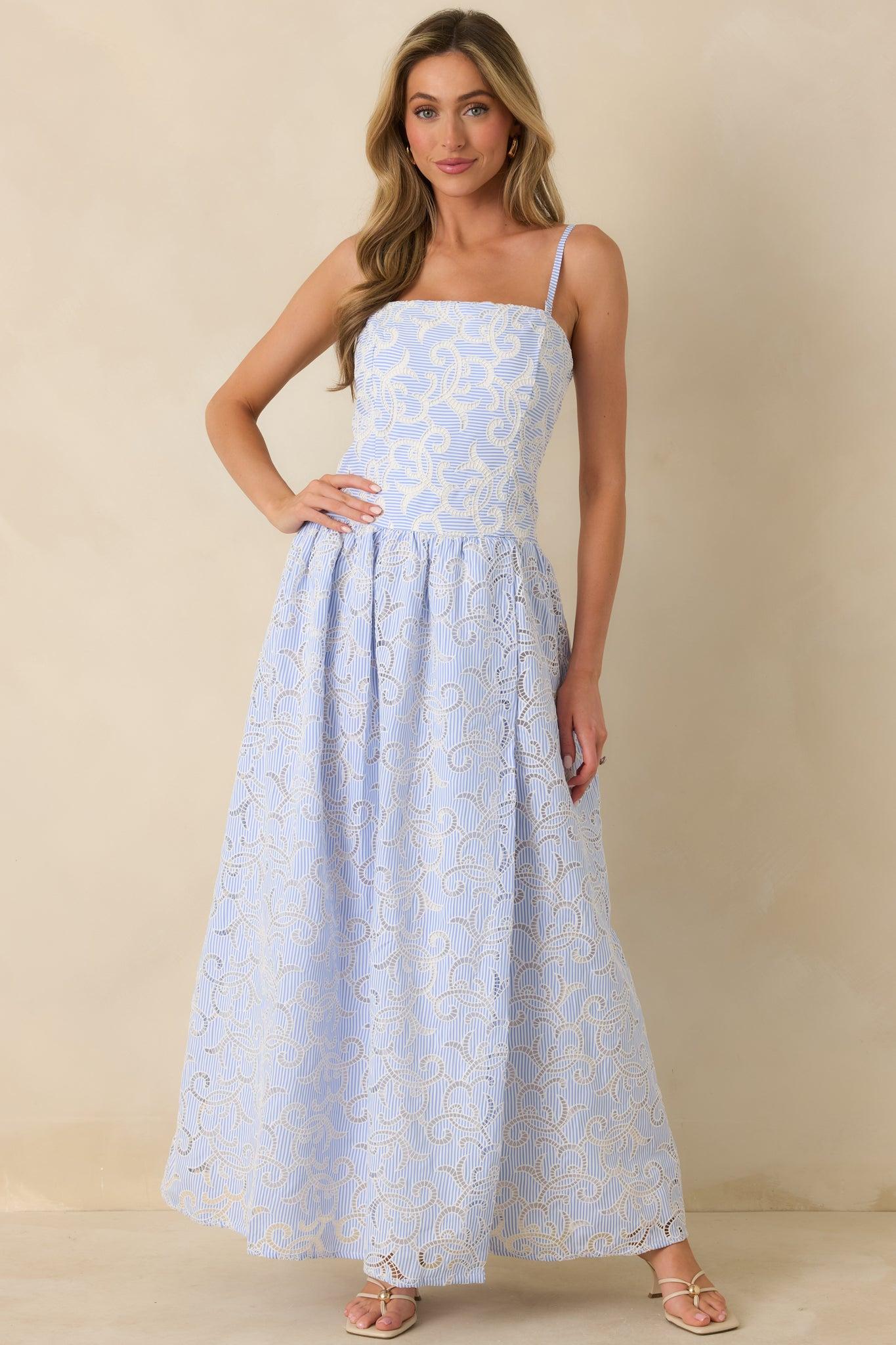 The Space Between Blue Stripe Embroidered Eyelet Maxi Dress L / Blue Product Image