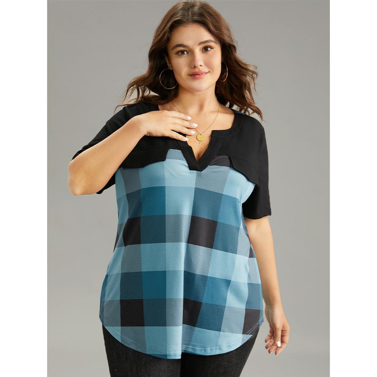 Plus Size Plaid Patchwork Contrast Notched Arc Hem T-shirt Multicolor Women Casual Contrast Plaid Notched collar Everyday T-shirts BloomChic 26/4X Product Image