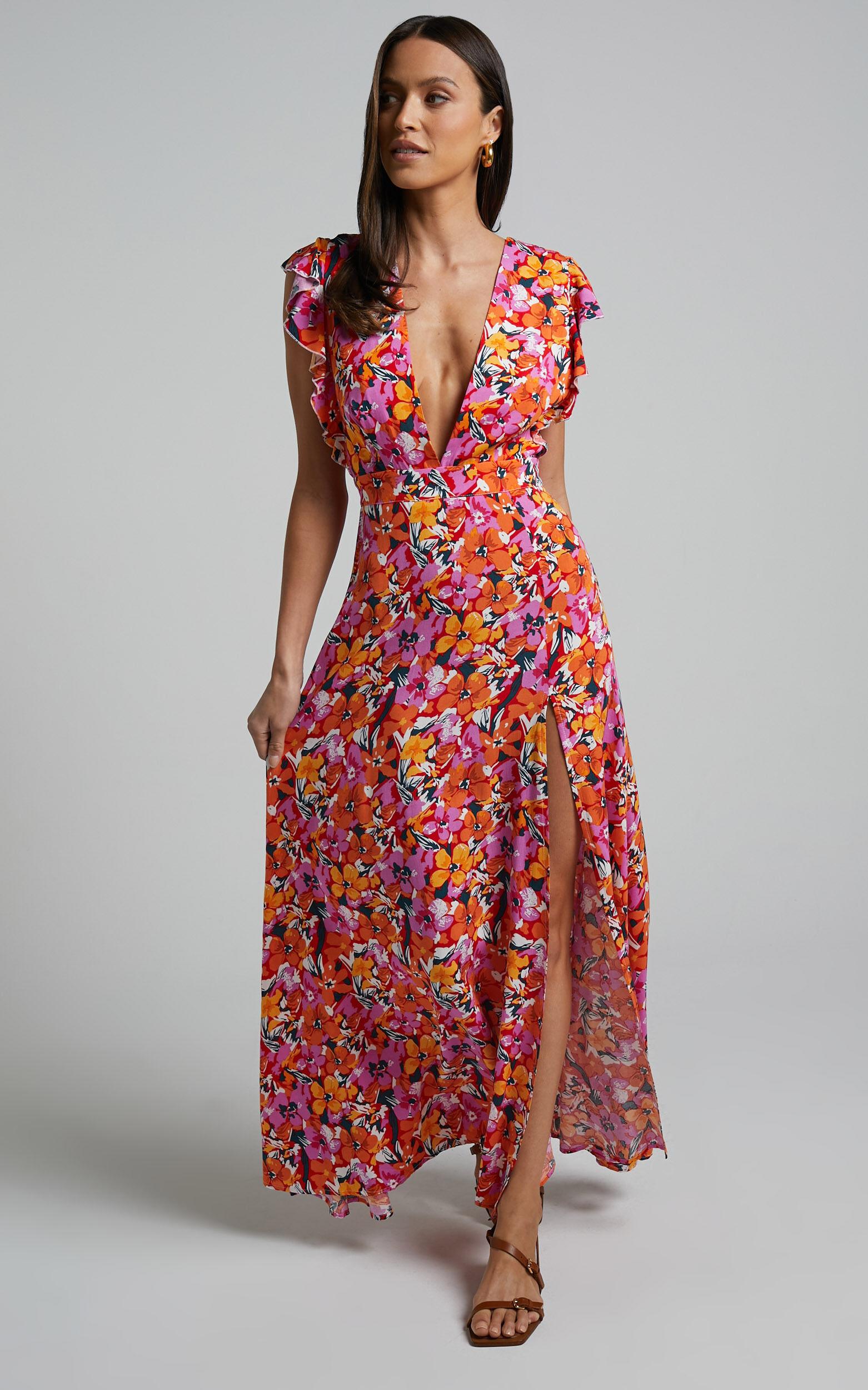 Dyliah Maxi Dress - Thigh Split Frill Shoulder Plunge Neck Dress in Spring Floral Product Image