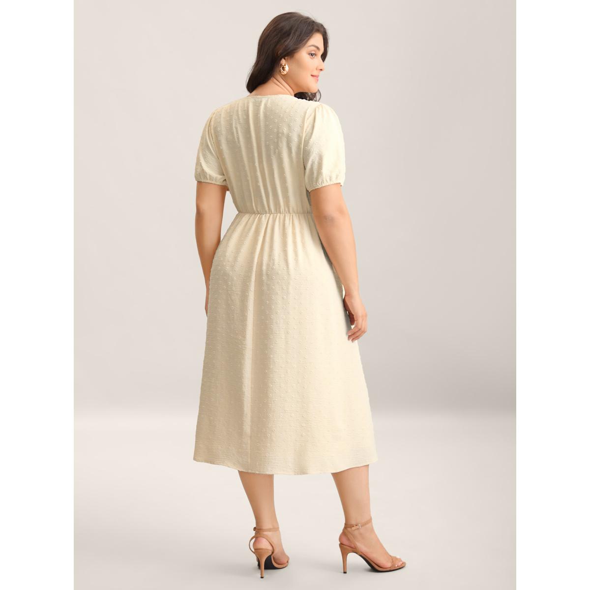 Plus Size Shoulder Pleats Textured Button Maxi Dress Apricot Women V-neck Short sleeve Curvy BloomChic 14-16/1X Product Image