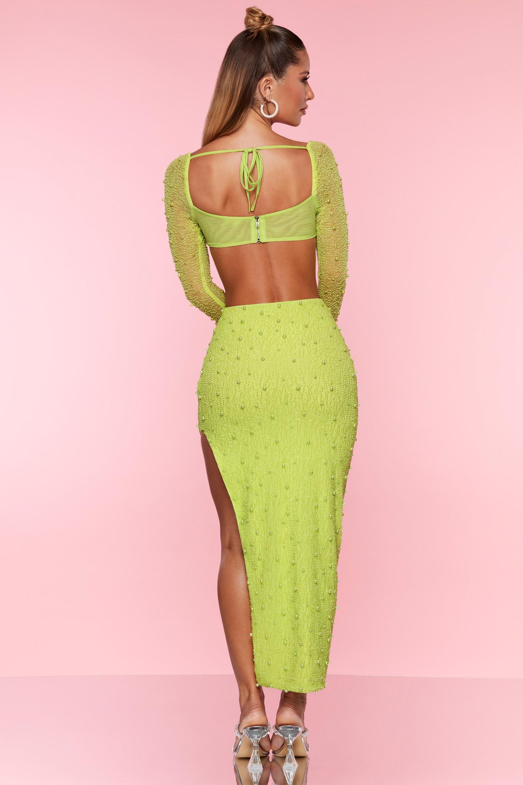 Embellished Cowl Neck Crop Top in Lime Product Image