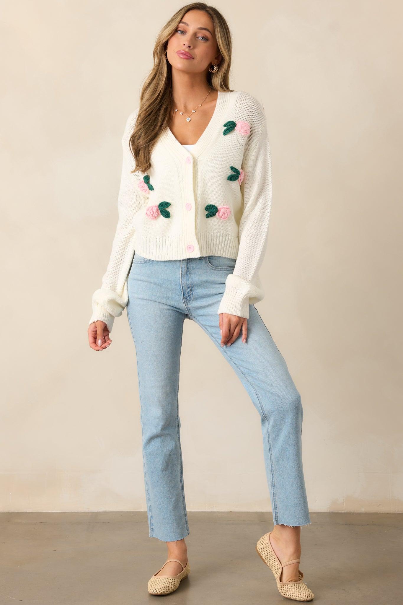 Storytelling Ivory Crochet Rose Button Front Cardigan Product Image
