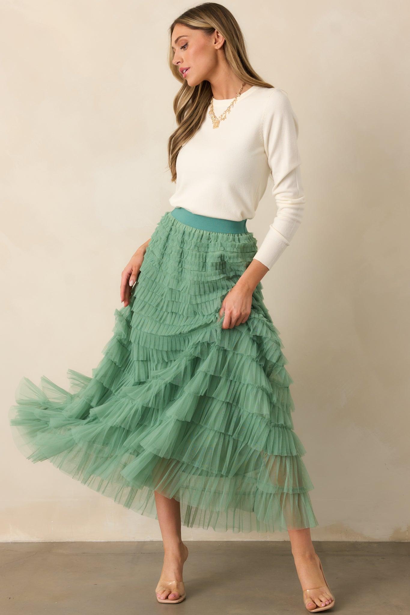 Garden Gathering Sage Tiered Ruffle Tulle Maxi Skirt Product Image