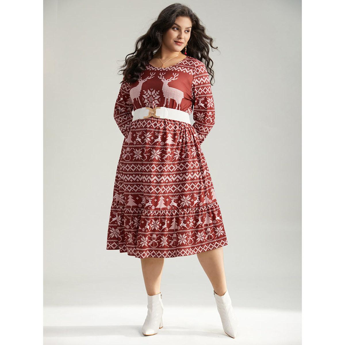 Plus Size Christmas Elk Gathered Ruffle Layered Hem Dress Scarlet Women Casual Printed Round Neck Long Sleeve Curvy Midi Dress BloomChic 14-16/1X Product Image