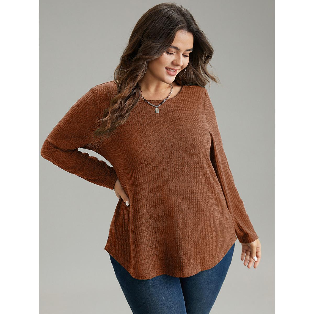 Plus Size Rib Knit Solid Crew Neck Button Detail T-shirt Bronze Women Casual Texture Plain Round Neck Dailywear T-shirts BloomChic 26/4X Product Image