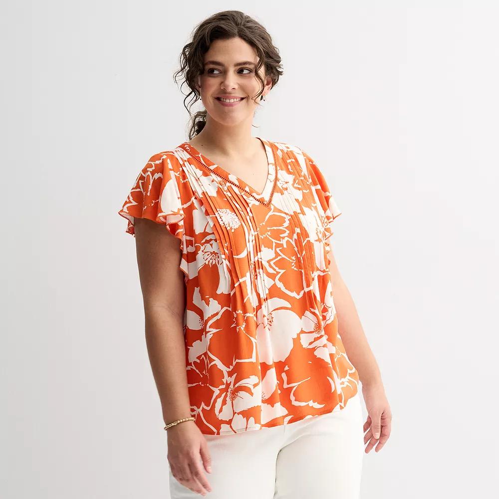 Plus Size Sonoma Goods For Life® Flutter Sleeve Pintuck Top, Women's, Size: 0X, Orange Bold Floral Product Image