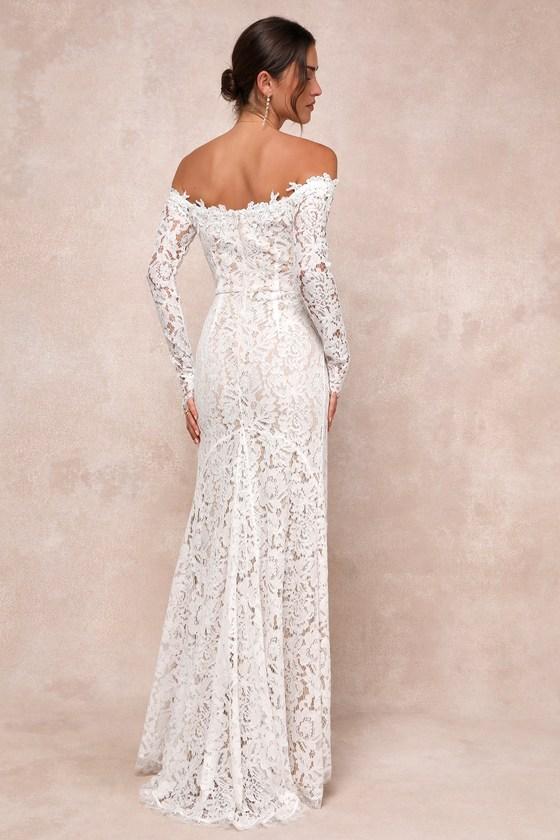 Romance Dreamer White Lace Off-the-Shoulder Maxi Dress Product Image